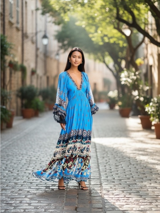 FARM Rio Dresses & Skirts - FARM Rio Blue Printed V‑Neck Maxi Dress